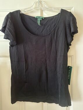 Lauren Ralph Lauren Black Scoop Neck Short Sleeve Tee with Pintuck Sleeves